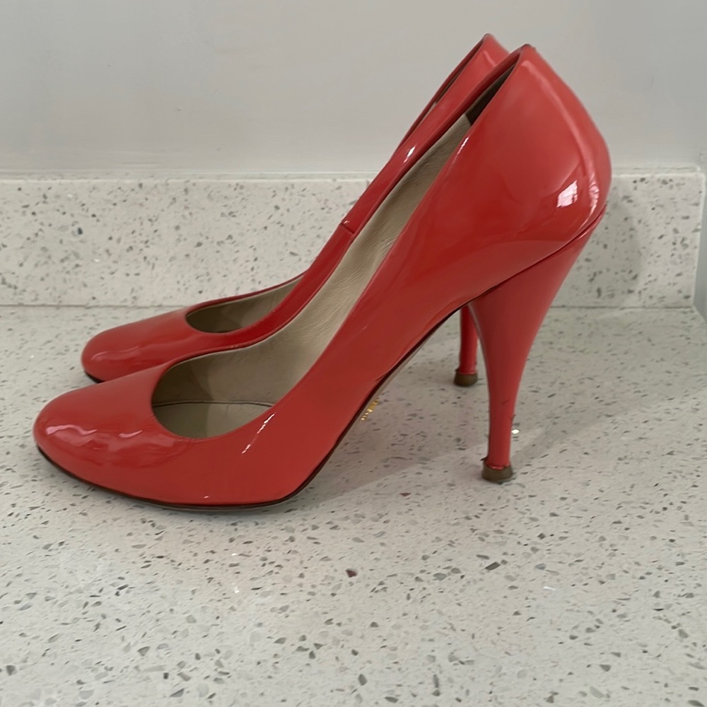 Prada Patent Leather Pumps, Coral Color, Size 38